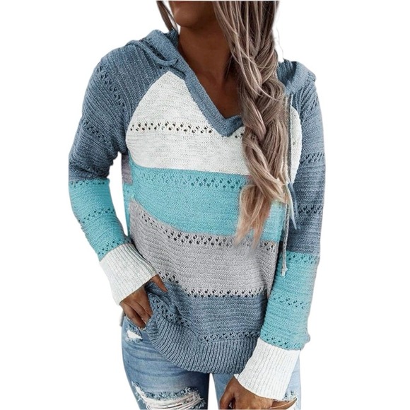 The Unbranded Brand Tops - Women's Lightweight Color Block‎ Hooded Sweater Large Knit Eyelet Pullover Soft
